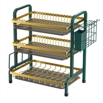 Heavy carbon steel 3 tier metallic dishrack with cutlery holder